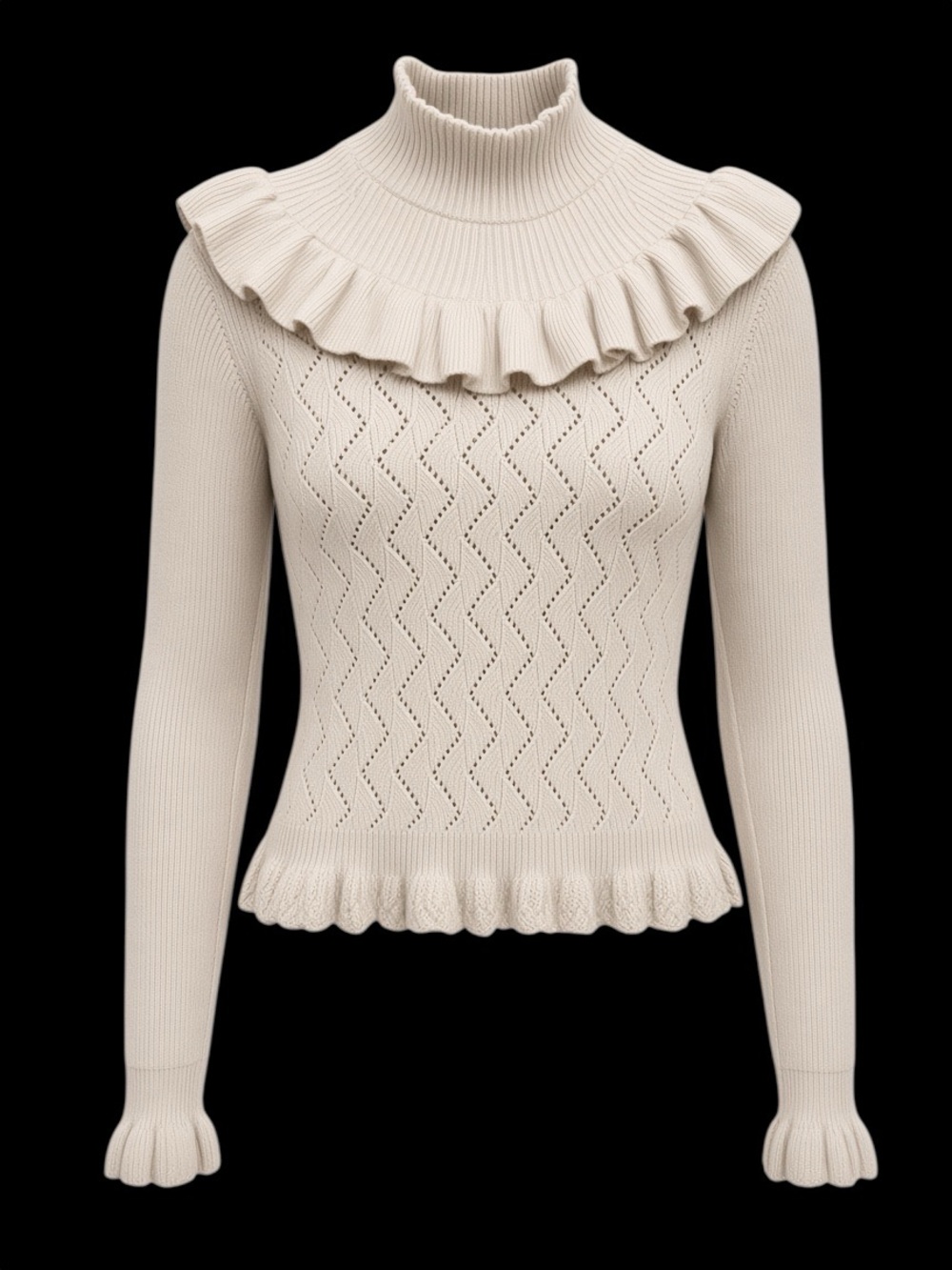 French Connection Cream Ruffled Mozart Camilla Lace Sweater - 100% Cotton